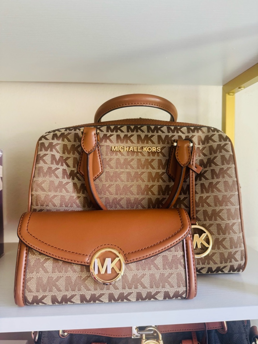 Michael Kors Brown/Tan MK Monogram Satchel with Matching Wallet